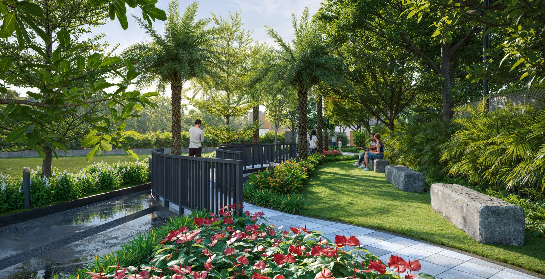 Northscape garden bridge and palm landscape