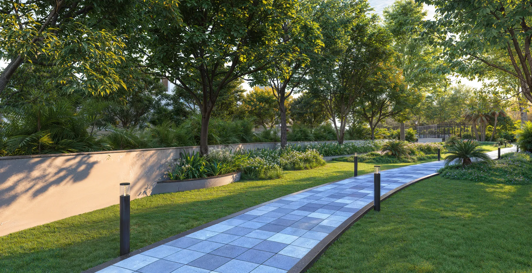 Northscape garden walkway with bollard lighting