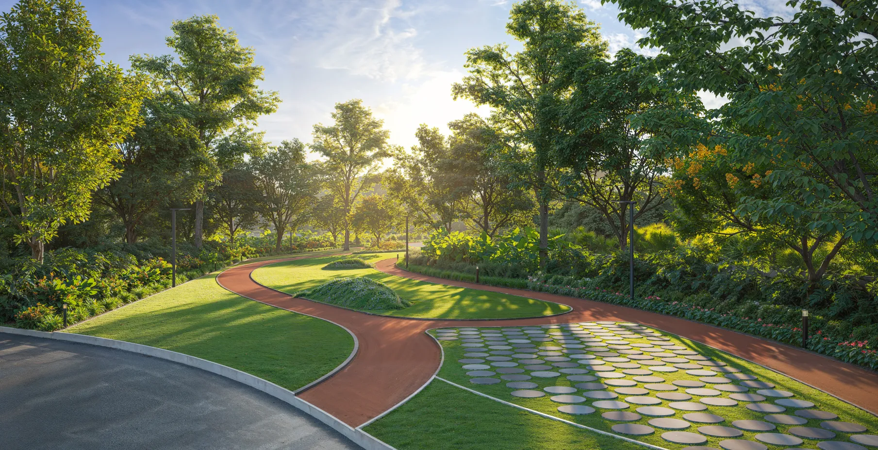 Northscape jogging track through green landscape